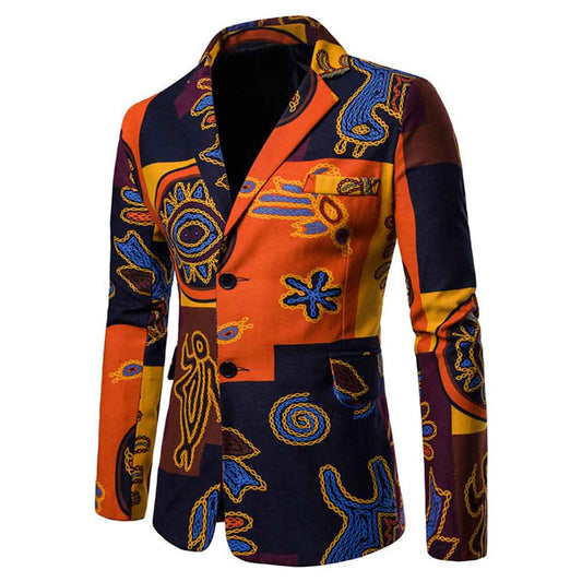 Orange # Men's two-button floral printed casual blazer with notched lapel and center back vent, orange sport coat with random cutting floral pattern, two front flap pockets and three-button cuffs, soft spandex polyester blend jacket for party, prom, wedding and daily wear, isolated on white background.