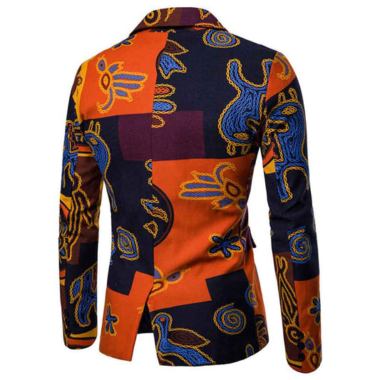 Orange # Men's two-button floral printed casual blazer with notched lapel and center back vent, orange sport coat with random cutting floral pattern, two front flap pockets and three-button cuffs, soft spandex polyester blend jacket for party, prom, wedding and daily wear, isolated on white background.