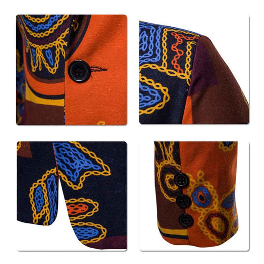 Orange # Men's two-button floral printed casual blazer with notched lapel and center back vent, orange sport coat with random cutting floral pattern, two front flap pockets and three-button cuffs, soft spandex polyester blend jacket for party, prom, wedding and daily wear, isolated on white background.