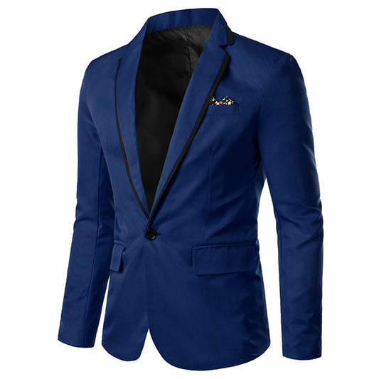 Navy # Men's one-button solid color casual blazer with flat collar and single-breasted closure, stylish navy sport coat jacket with premium polyester viscose blend fabric for daily business, office, wedding and party wear, isolated on white background.