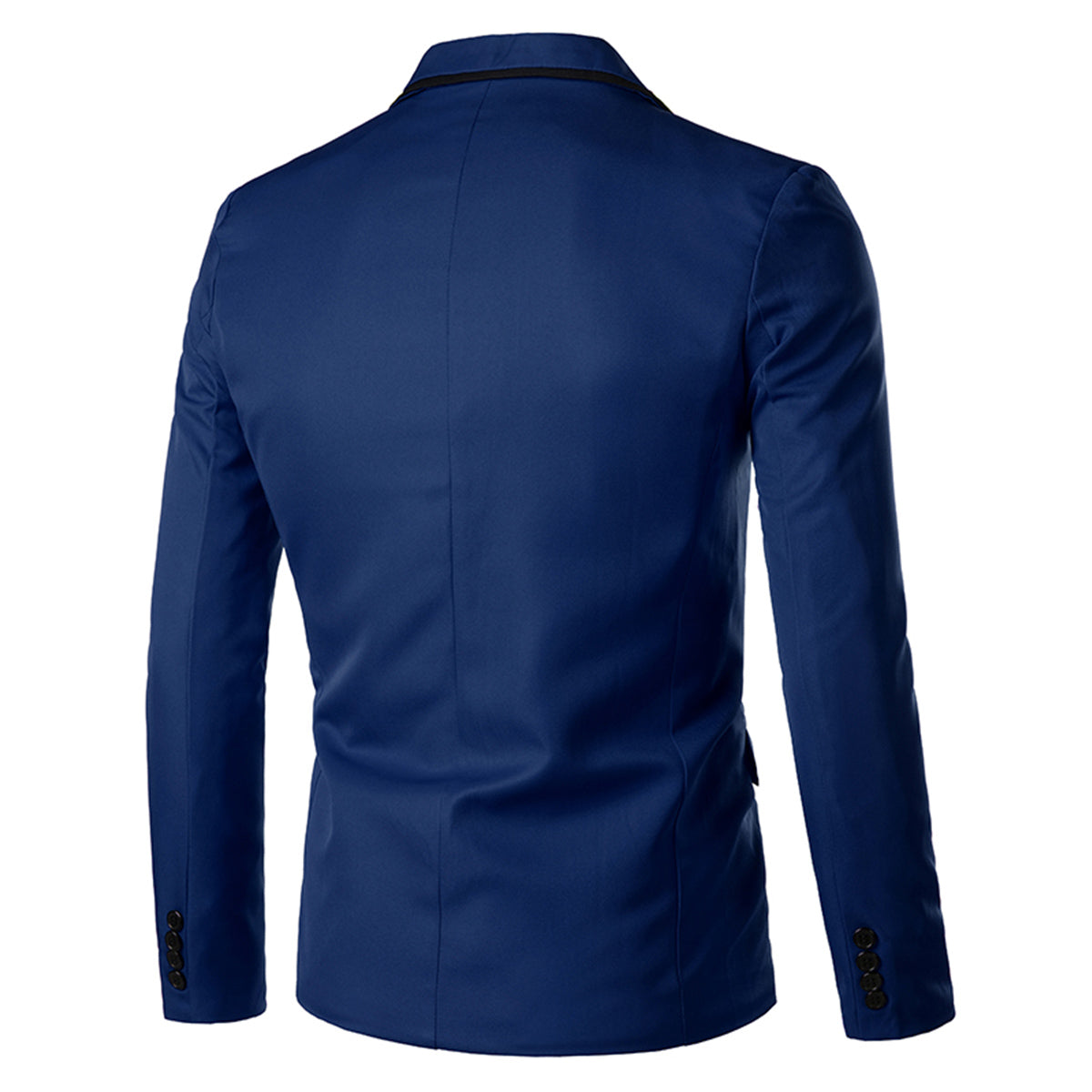Navy # Men's one-button solid color casual blazer with flat collar and single-breasted closure, stylish navy sport coat jacket with premium polyester viscose blend fabric for daily business, office, wedding and party wear, isolated on white background.