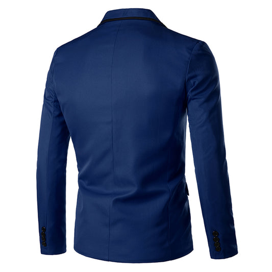 Navy # Men's one-button solid color casual blazer with flat collar and single-breasted closure, stylish navy sport coat jacket with premium polyester viscose blend fabric for daily business, office, wedding and party wear, isolated on white background.