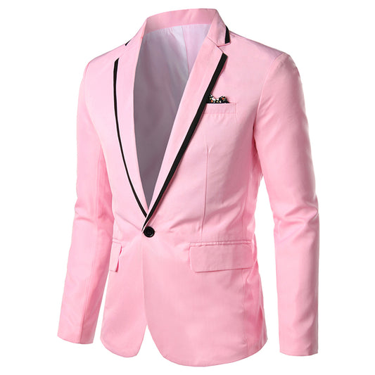 Pink # Men's one-button solid color casual blazer with flat collar and single-breasted closure, stylish pink sport coat jacket with premium polyester viscose blend fabric for daily business, office, wedding and party wear, isolated on white background.