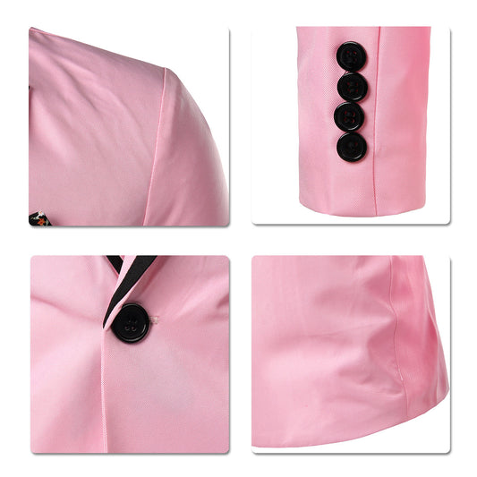 Pink # Men's one-button solid color casual blazer with flat collar and single-breasted closure, stylish pink sport coat jacket with premium polyester viscose blend fabric for daily business, office, wedding and party wear, isolated on white background.