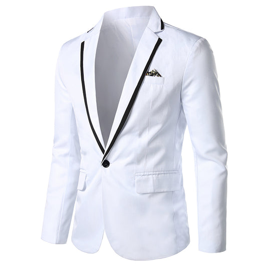 White # Men's one-button solid color casual blazer with flat collar and single-breasted closure, stylish white sport coat jacket with premium polyester viscose blend fabric and button-front design for business, office, wedding and daily wear, isolated on white background.
