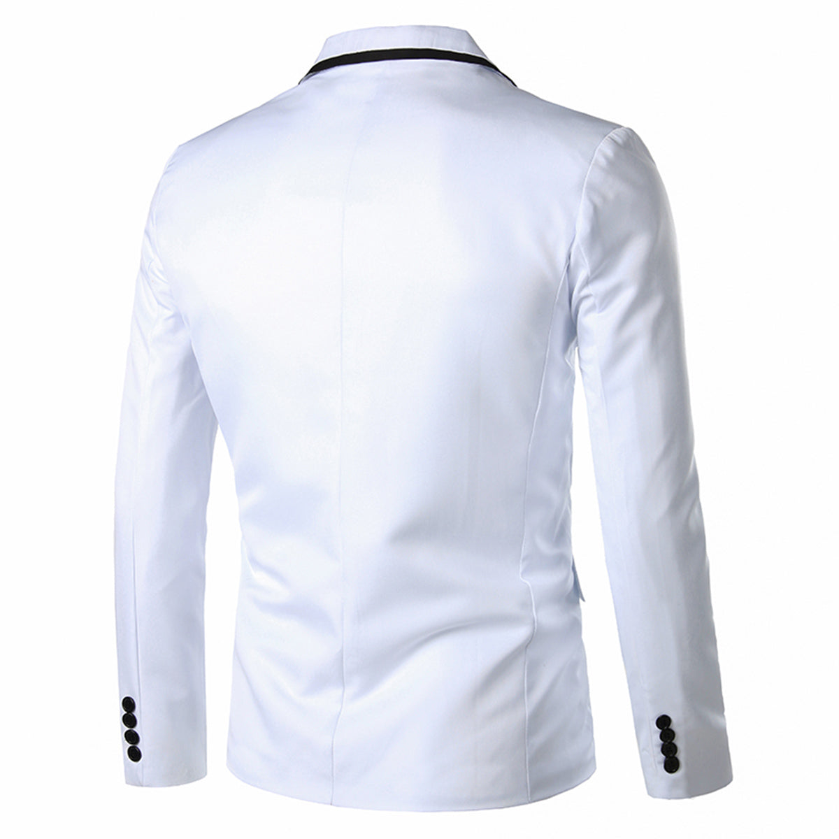 White # Men's one-button solid color casual blazer with flat collar and single-breasted closure, stylish white sport coat jacket with premium polyester viscose blend fabric and button-front design for business, office, wedding and daily wear, isolated on white background.