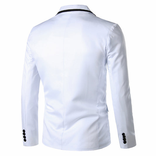 White # Men's one-button solid color casual blazer with flat collar and single-breasted closure, stylish white sport coat jacket with premium polyester viscose blend fabric and button-front design for business, office, wedding and daily wear, isolated on white background.