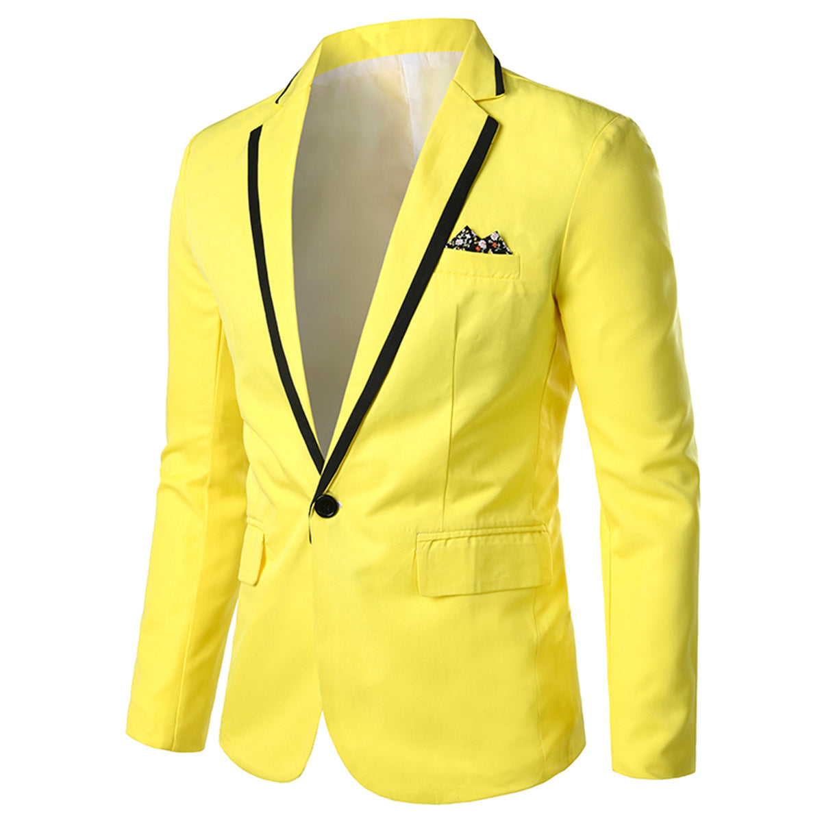 Yellow # Men's one-button solid color casual blazer with flat collar and single-breasted closure, stylish yellow sport coat jacket with premium polyester viscose blend fabric and环保 buttons for daily business, office, wedding and party wear, isolated on white background.