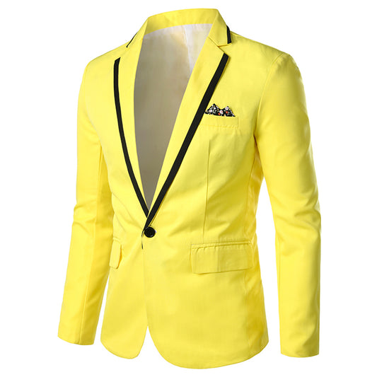 Yellow # Men's one-button solid color casual blazer with flat collar and single-breasted closure, stylish yellow sport coat jacket with premium polyester viscose blend fabric and环保 buttons for daily business, office, wedding and party wear, isolated on white background.
