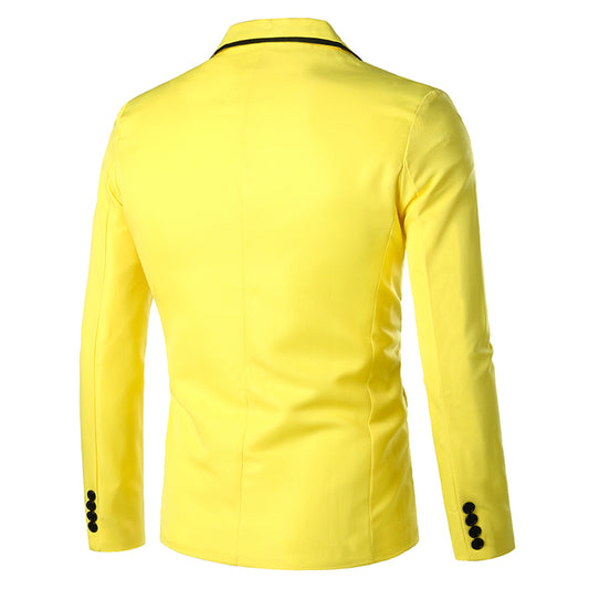 Yellow # Men's one-button solid color casual blazer with flat collar and single-breasted closure, stylish yellow sport coat jacket with premium polyester viscose blend fabric and环保 buttons for daily business, office, wedding and party wear, isolated on white background.