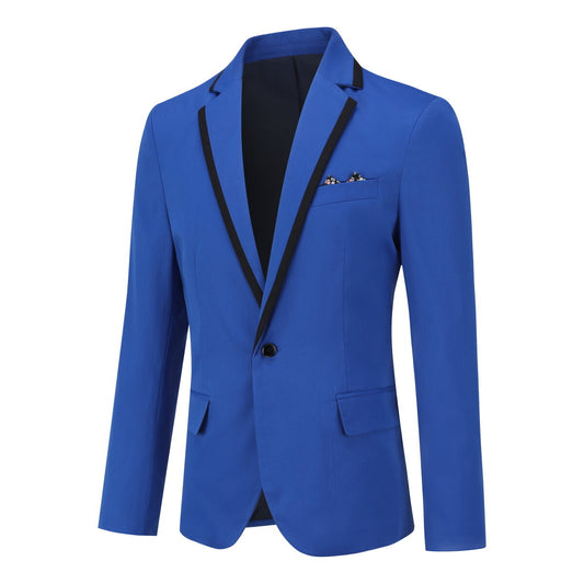 Blue # Men's one-button solid color casual blazer with flat collar and single-breasted closure, classic blue sport coat jacket with premium polyester viscose blend fabric for business, office, wedding and daily wear, isolated on white background.