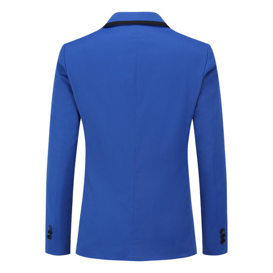 Blue # Men's one-button solid color casual blazer with flat collar and single-breasted closure, classic blue sport coat jacket with premium polyester viscose blend fabric for business, office, wedding and daily wear, isolated on white background.