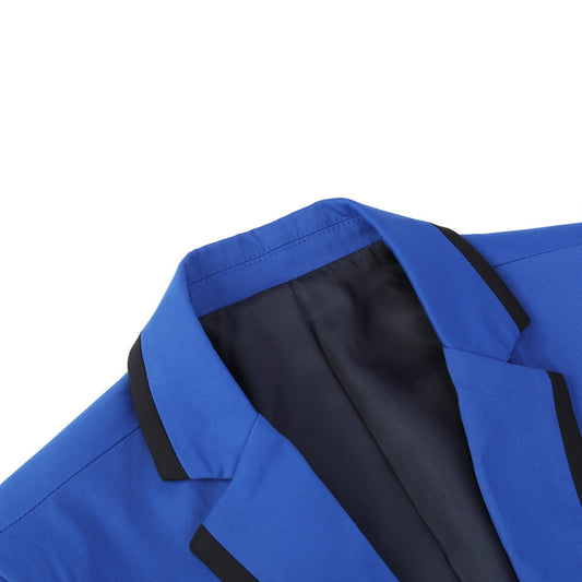 Blue # Men's one-button solid color casual blazer with flat collar and single-breasted closure, classic blue sport coat jacket with premium polyester viscose blend fabric for business, office, wedding and daily wear, isolated on white background.