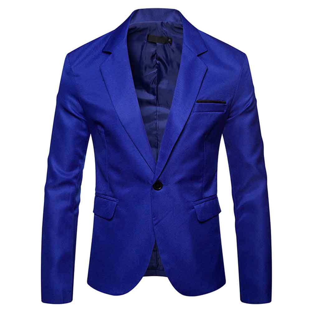 Dark Blue # Men's slim fit casual blazer with notched lapel and buttoned cuffs, dark blue daily sport coat with chest pocket and fixed floral pocket-square, one inner pocket and two side flap pockets, premium polyester jacket for business, office, party and daily wear, isolated on white background.