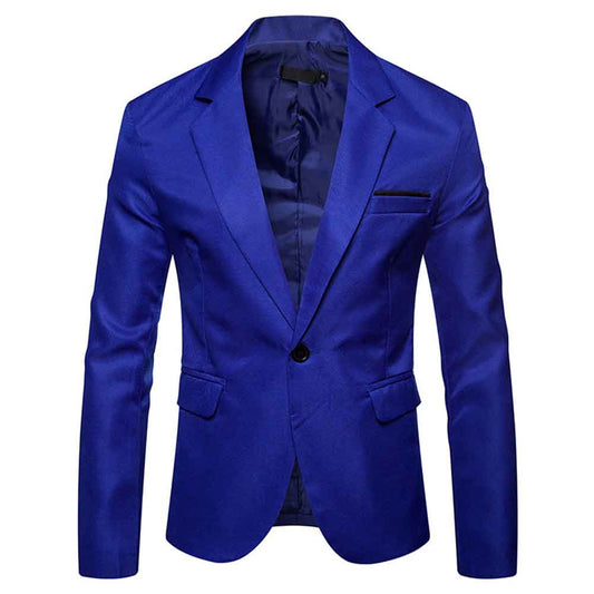 Dark Blue # Men's slim fit casual blazer with notched lapel and buttoned cuffs, dark blue daily sport coat with chest pocket and fixed floral pocket-square, one inner pocket and two side flap pockets, premium polyester jacket for business, office, party and daily wear, isolated on white background.