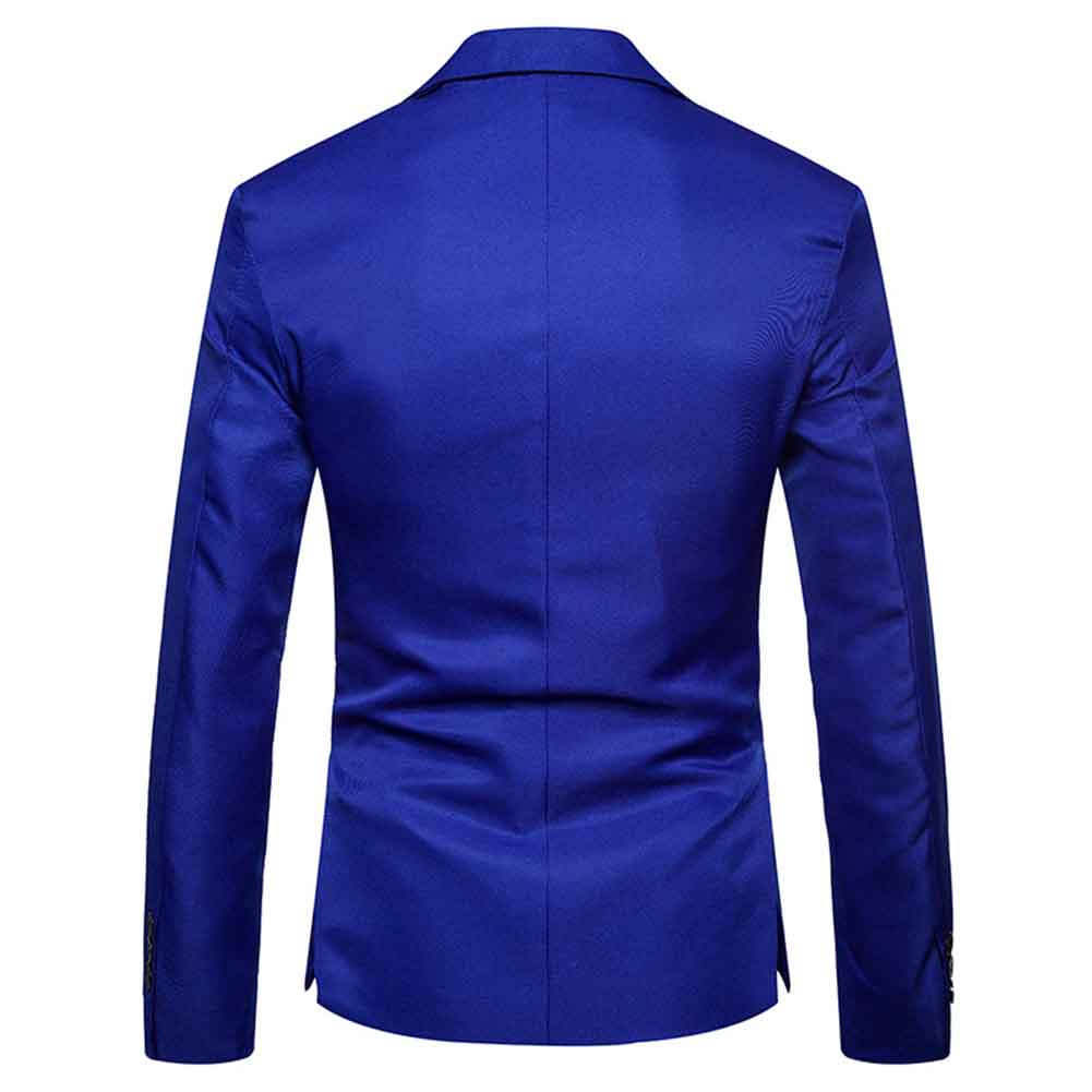 Dark Blue # Men's slim fit casual blazer with notched lapel and buttoned cuffs, dark blue daily sport coat with chest pocket and fixed floral pocket-square, one inner pocket and two side flap pockets, premium polyester jacket for business, office, party and daily wear, isolated on white background.
