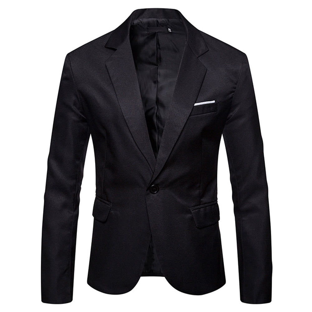 Black # Men's slim fit casual daily blazer with notched lapel and buttoned cuffs, black sport coat featuring 3D tailored fit, full shoulder design, floral pocket square, 1 inner pocket and 2 side flap pockets, versatile polyester jacket for business, office, party, prom, wedding and daily wear, isolated on white background.
