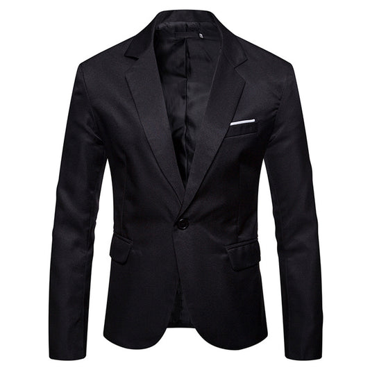 Black # Men's slim fit casual daily blazer with notched lapel and buttoned cuffs, black sport coat featuring 3D tailored fit, full shoulder design, floral pocket square, 1 inner pocket and 2 side flap pockets, versatile polyester jacket for business, office, party, prom, wedding and daily wear, isolated on white background.