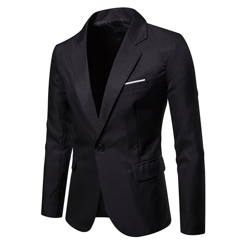 Black # Men's slim fit casual daily blazer with notched lapel and buttoned cuffs, black sport coat featuring 3D tailored fit, full shoulder design, floral pocket square, 1 inner pocket and 2 side flap pockets, versatile polyester jacket for business, office, party, prom, wedding and daily wear, isolated on white background.