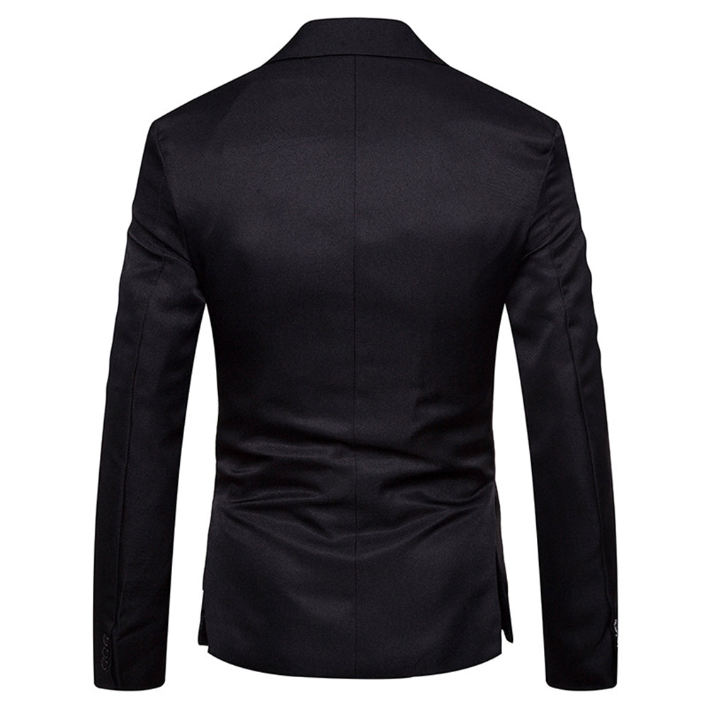 Black # Men's slim fit casual daily blazer with notched lapel and buttoned cuffs, black sport coat featuring 3D tailored fit, full shoulder design, floral pocket square, 1 inner pocket and 2 side flap pockets, versatile polyester jacket for business, office, party, prom, wedding and daily wear, isolated on white background.
