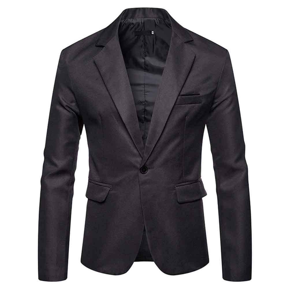Dark Grey # Men's slim fit casual daily blazer with notched lapel and buttoned cuffs, dark grey sport coat jacket with 3D tailored cut, full shoulder design, chest pocket with fixed floral pocket-square, and soft polyester fabric for business, office, party, wedding and daily wear, isolated on white background.