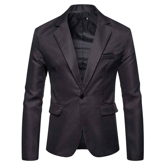 Dark Grey # Men's slim fit casual daily blazer with notched lapel and buttoned cuffs, dark grey sport coat jacket with 3D tailored cut, full shoulder design, chest pocket with fixed floral pocket-square, and soft polyester fabric for business, office, party, wedding and daily wear, isolated on white background.