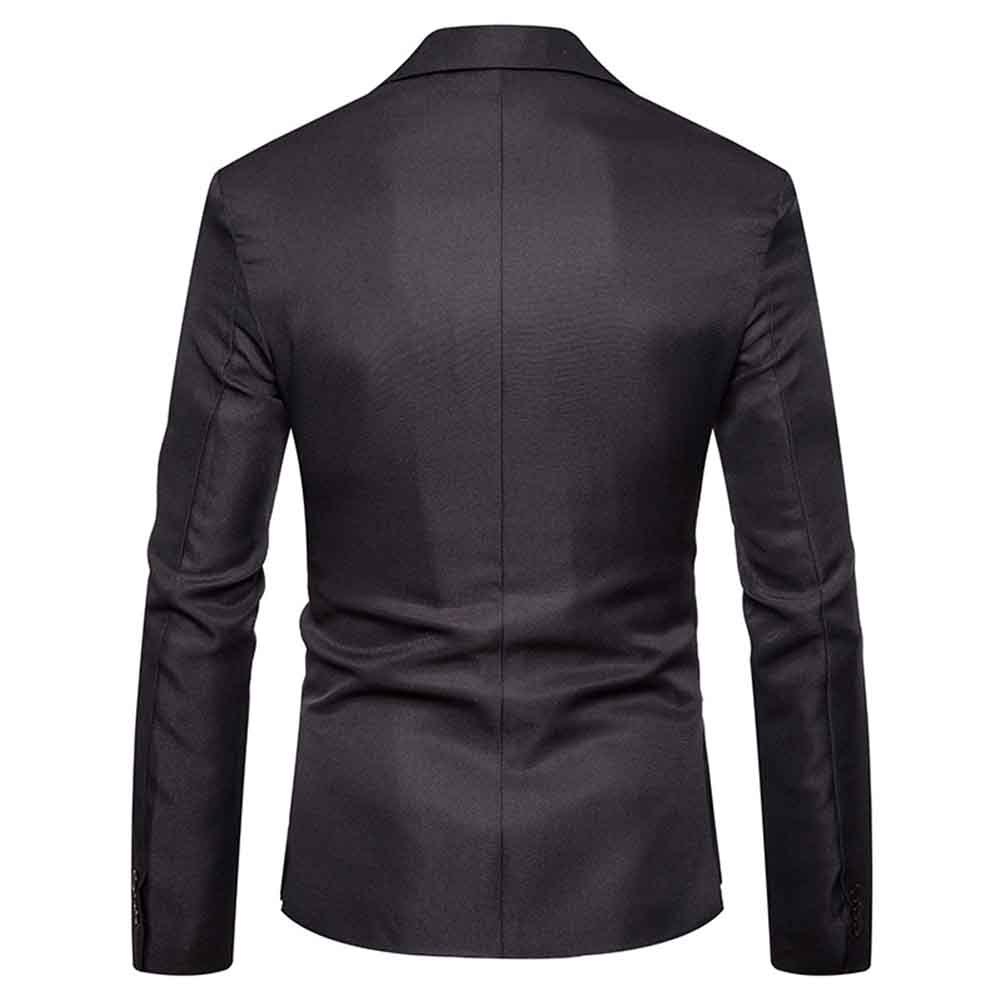 MenDark Grey # Men's slim fit casual daily blazer with notched lapel and buttoned cuffs, dark grey sport coat jacket with 3D tailored cut, full shoulder design, chest pocket with fixed floral pocket-square, and soft polyester fabric for business, office, party, wedding and daily wear, isolated on white background.
