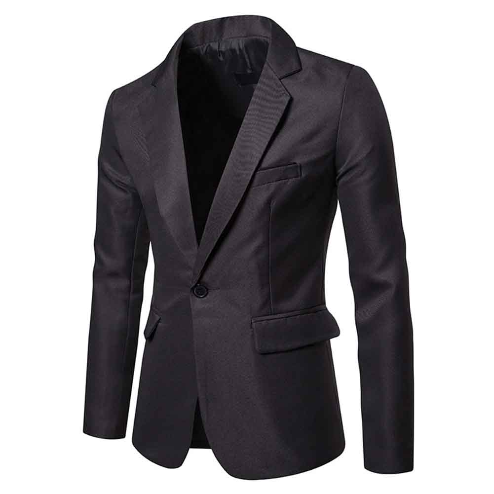 Dark Grey # Men's slim fit casual daily blazer with notched lapel and buttoned cuffs, dark grey sport coat jacket with 3D tailored cut, full shoulder design, chest pocket with fixed floral pocket-square, and soft polyester fabric for business, office, party, wedding and daily wear, isolated on white background.