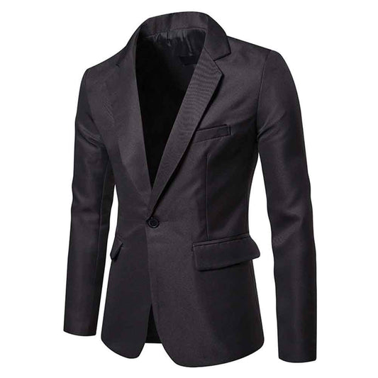 Dark Grey # Men's slim fit casual daily blazer with notched lapel and buttoned cuffs, dark grey sport coat jacket with 3D tailored cut, full shoulder design, chest pocket with fixed floral pocket-square, and soft polyester fabric for business, office, party, wedding and daily wear, isolated on white background.