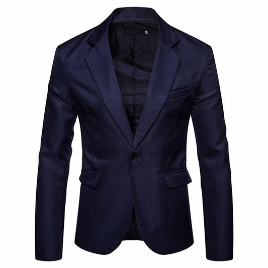 Navy # Men's slim fit casual blazer with notched lapel and 3D tailored cut, navy blue daily sport coat with buttoned cuffs, chest pocket with fixed floral pocket-square, two side flap pockets and one inner pocket for business, office, party, wedding and daily wear, isolated on white background.