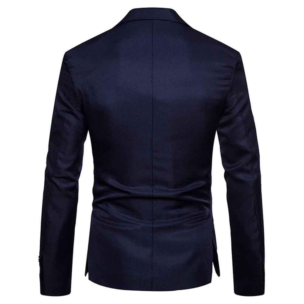 Navy # Men's slim fit casual blazer with notched lapel and 3D tailored cut, navy blue daily sport coat with buttoned cuffs, chest pocket with fixed floral pocket-square, two side flap pockets and one inner pocket for business, office, party, wedding and daily wear, isolated on white background.