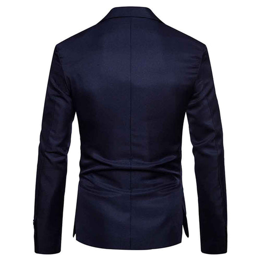 Navy # Men's slim fit casual blazer with notched lapel and 3D tailored cut, navy blue daily sport coat with buttoned cuffs, chest pocket with fixed floral pocket-square, two side flap pockets and one inner pocket for business, office, party, wedding and daily wear, isolated on white background.