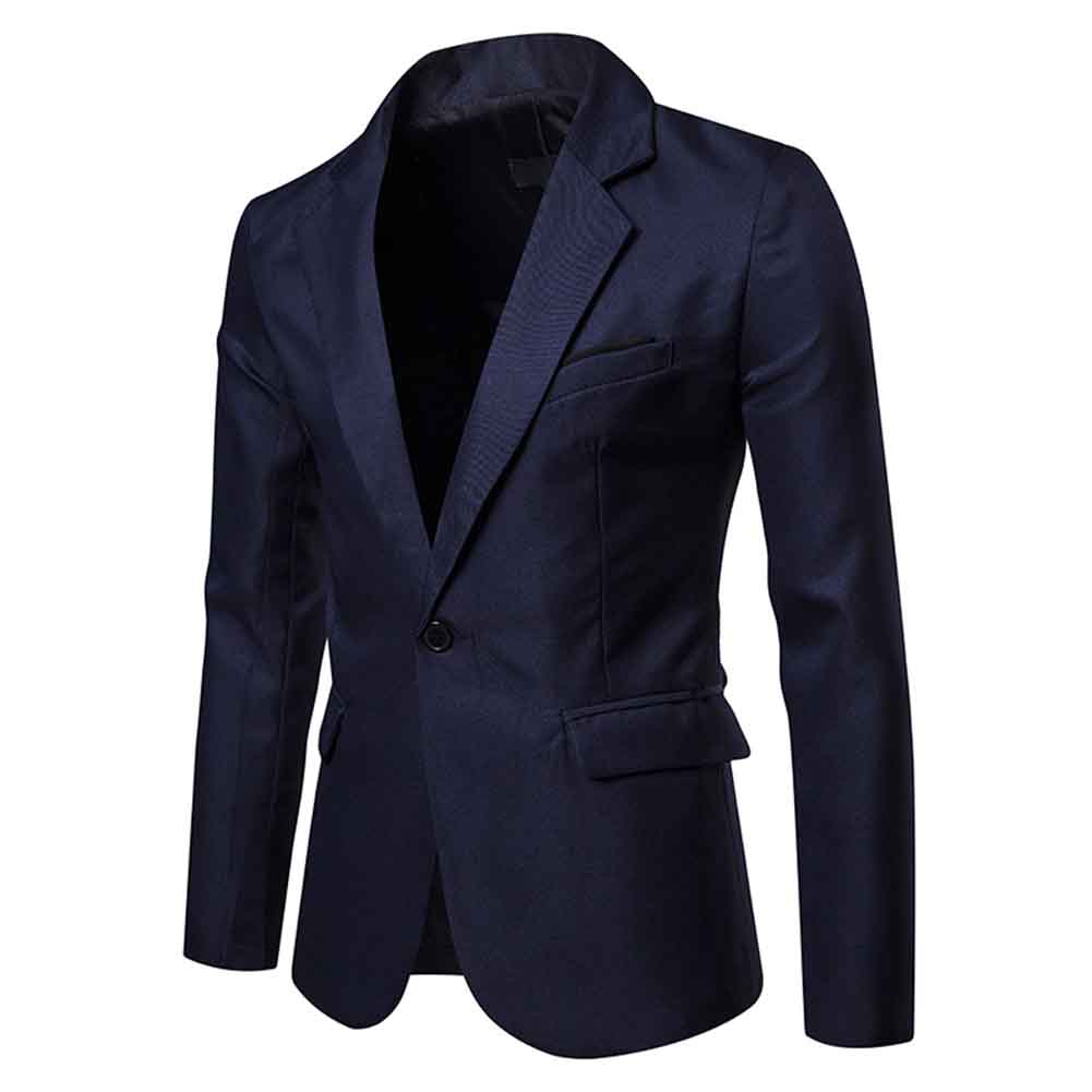 Navy # Men's slim fit casual blazer with notched lapel and 3D tailored cut, navy blue daily sport coat with buttoned cuffs, chest pocket with fixed floral pocket-square, two side flap pockets and one inner pocket for business, office, party, wedding and daily wear, isolated on white background.