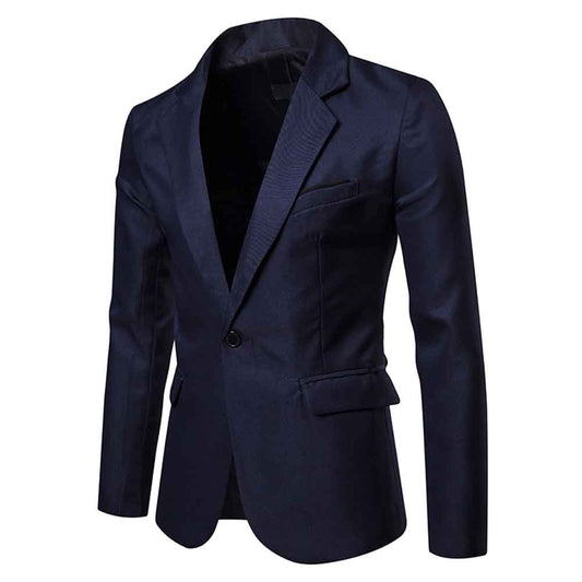 Navy # Men's slim fit casual blazer with notched lapel and 3D tailored cut, navy blue daily sport coat with buttoned cuffs, chest pocket with fixed floral pocket-square, two side flap pockets and one inner pocket for business, office, party, wedding and daily wear, isolated on white background.