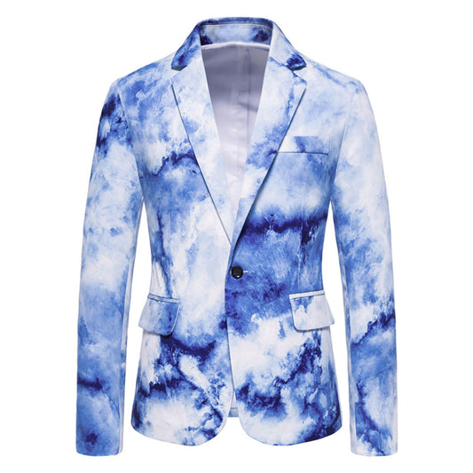 Blue # Men's one-button printed lapel collar blazer with notched lapel and single-breasted closure, stylish blue sport coat jacket with soft breathable polyester spandex fabric for party, prom, banquet, show and special occasions, isolated on white background.