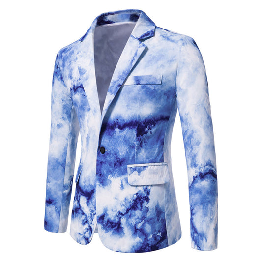 Blue # Men's one-button printed lapel collar blazer with notched lapel and single-breasted closure, stylish blue sport coat jacket with soft breathable polyester spandex fabric for party, prom, banquet, show and special occasions, isolated on white background.