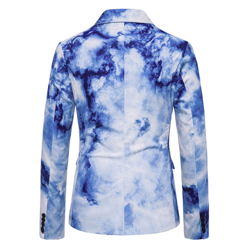 Blue # Men's one-button printed lapel collar blazer with notched lapel and single-breasted closure, stylish blue sport coat jacket with soft breathable polyester spandex fabric for party, prom, banquet, show and special occasions, isolated on white background.
