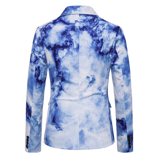 Blue # Men's one-button printed lapel collar blazer with notched lapel and single-breasted closure, stylish blue sport coat jacket with soft breathable polyester spandex fabric for party, prom, banquet, show and special occasions, isolated on white background.