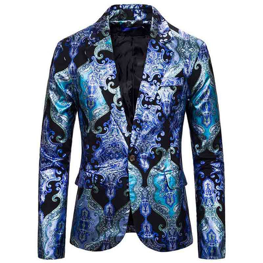 Blue # Men's slim fit casual fancy printed floral blazer jacket with chic design and excellent stitching, soft smooth polyester party coat for prom, banquet, show, celebration and special events, isolated on white background.