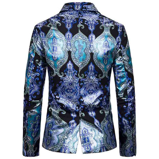 Blue # Men's slim fit casual fancy printed floral blazer jacket with chic design and excellent stitching, soft smooth polyester party coat for prom, banquet, show, celebration and special events, isolated on white background.