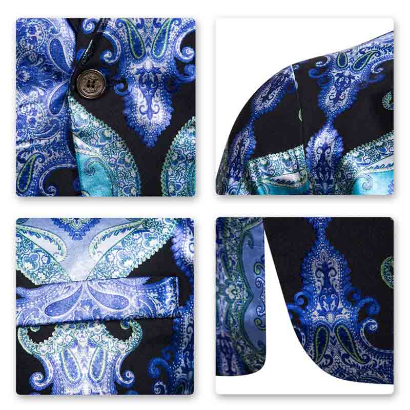 Blue # Men's slim fit casual fancy printed floral blazer jacket with chic design and excellent stitching, soft smooth polyester party coat for prom, banquet, show, celebration and special events, isolated on white background.
