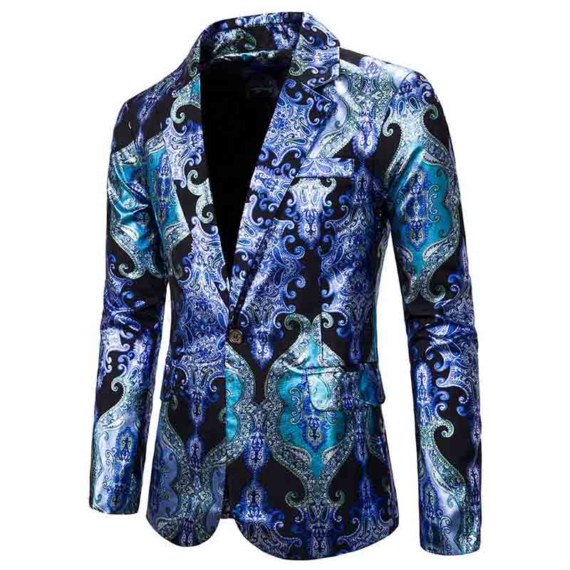 Blue # Men's slim fit casual fancy printed floral blazer jacket with chic design and excellent stitching, soft smooth polyester party coat for prom, banquet, show, celebration and special events, isolated on white background.