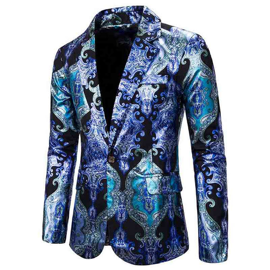 Blue # Men's slim fit casual fancy printed floral blazer jacket with chic design and excellent stitching, soft smooth polyester party coat for prom, banquet, show, celebration and special events, isolated on white background.