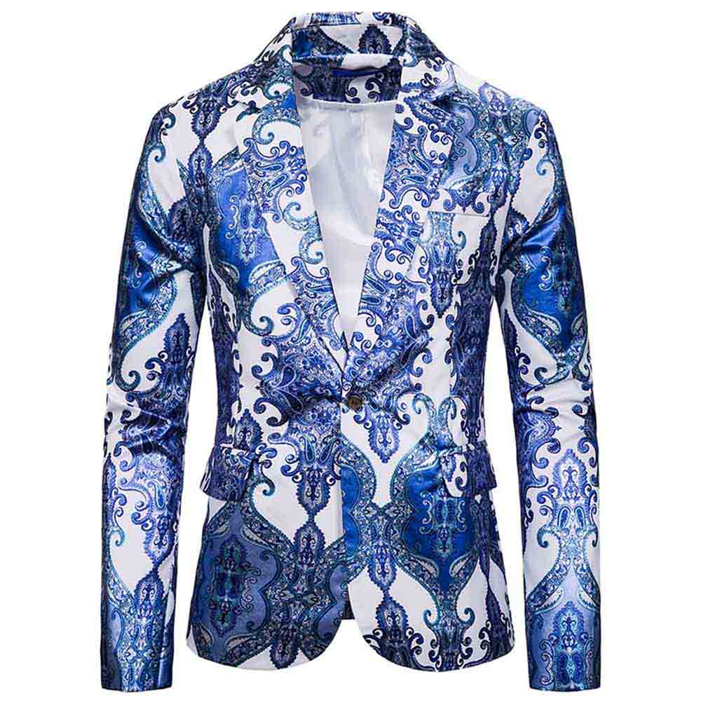 Light Blue # Men's slim fit casual fancy printed floral blazer jacket with chic design and soft polyester fabric, light blue party sport coat with excellent stitching for prom, banquet, celebration, festival and special occasions, isolated on white background.