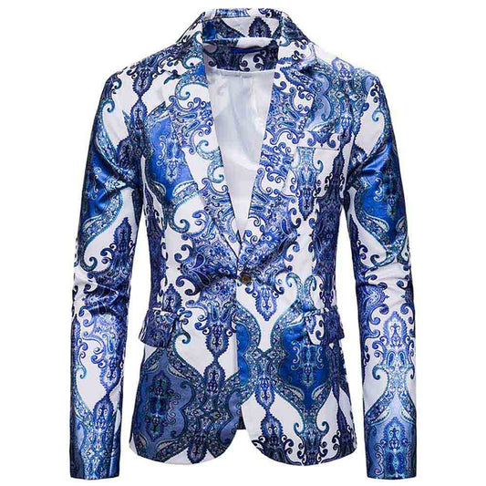 Light Blue # Men's slim fit casual fancy printed floral blazer jacket with chic design and soft polyester fabric, light blue party sport coat with excellent stitching for prom, banquet, celebration, festival and special occasions, isolated on white background.
