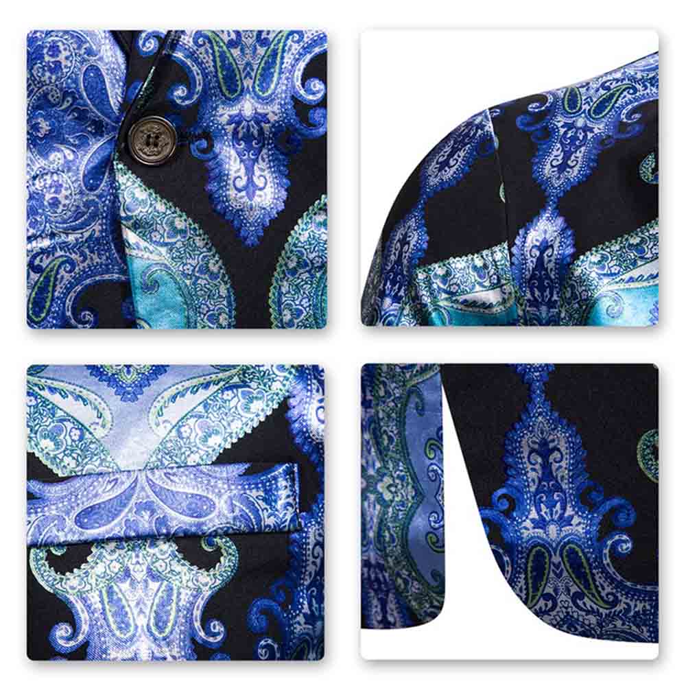 Light Blue # Men's slim fit casual fancy printed floral blazer jacket with chic design and soft polyester fabric, light blue party sport coat with excellent stitching for prom, banquet, celebration, festival and special occasions, isolated on white background.