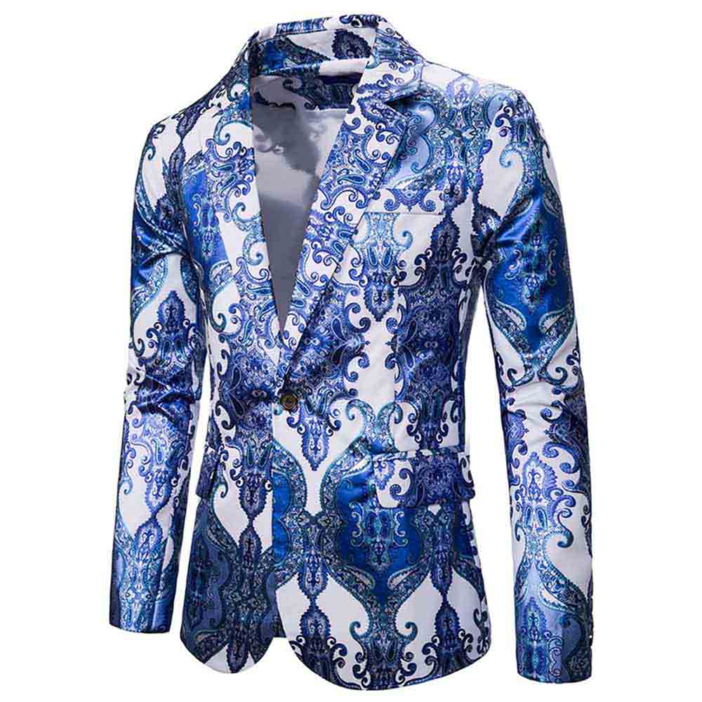 Light Blue # Men's slim fit casual fancy printed floral blazer jacket with chic design and soft polyester fabric, light blue party sport coat with excellent stitching for prom, banquet, celebration, festival and special occasions, isolated on white background.