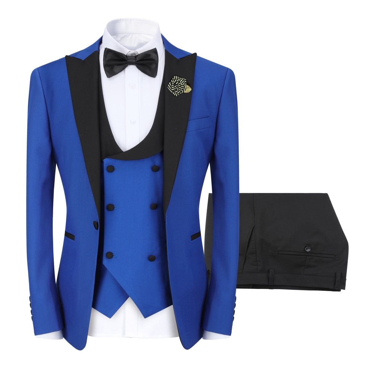 Blue # Men's 3-piece one-button slim fit tuxedo suit with peaked lapel and button closure, blue formal blazer jacket with matching vest and flat-front trousers with extended waist strap, elegant polyester viscose blend wedding suit for prom, business and formal occasions, isolated on white background.