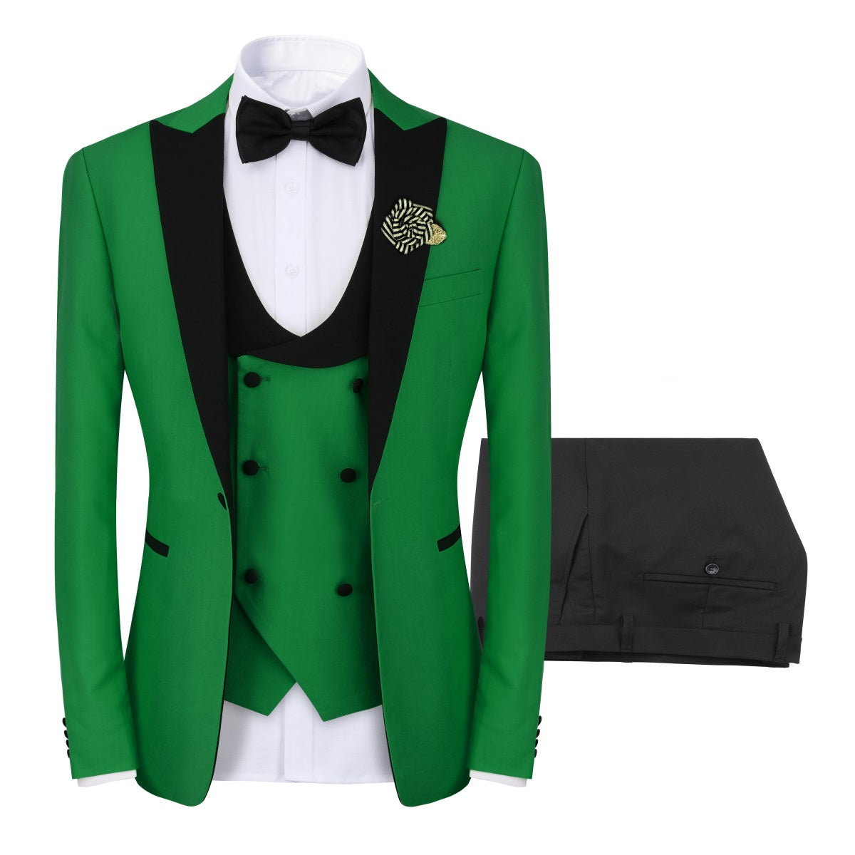 Green # Men's 3-piece one-button slim fit tuxedo suit with peaked lapel and button closure, green formal blazer jacket with matching vest and flat-front trousers with extended waist strap, elegant polyester viscose blend wedding suit for prom, business and formal occasions, isolated on white background.