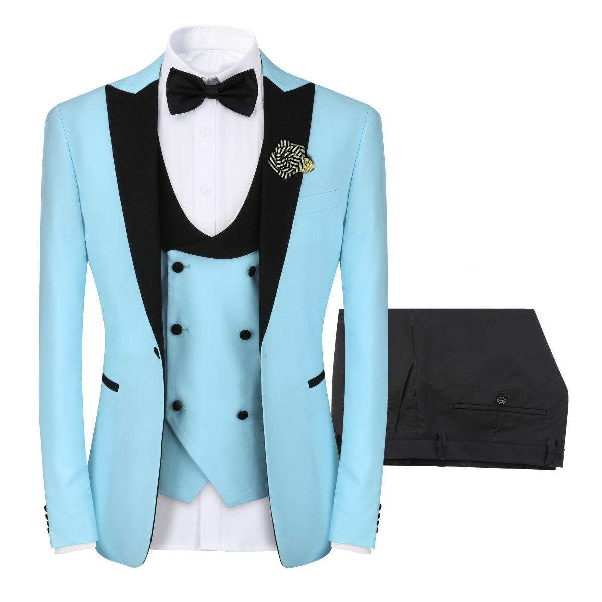 Light Blue # Men's 3-piece one-button slim fit tuxedo suit with peaked lapel and button closure, light blue formal blazer jacket with matching vest and flat-front trousers with extended waist strap, elegant polyester viscose blend wedding suit for prom, business and formal occasions, isolated on white background.